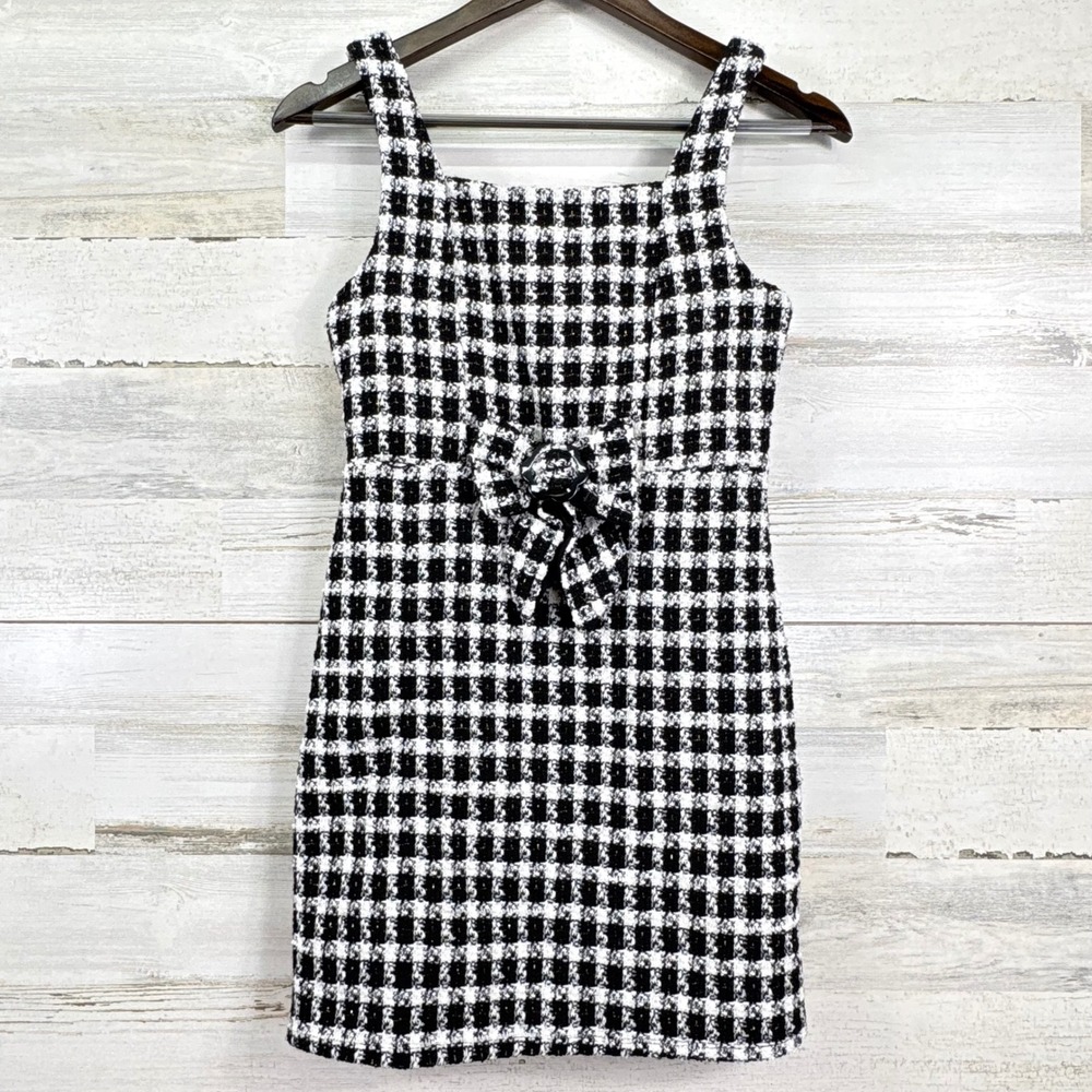 Trixxi Girl Black White Gingham Tweed Tank Dress‎ Bow Zipper Lined Size 12 Party